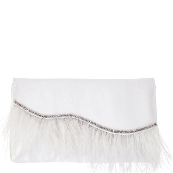 NINA | NEW - Kaidy Feather Trim Satin Clutch - [White] - Picture 1 of 16